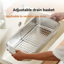 1pc加厚不锈钢沥水篮厨房收纳架多功能可自由伸缩沥水篮储物架家居批发 - 銀色 - 查看 1