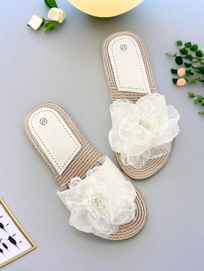 Women's Crystal Flower Wedge Slippers, Simple And Fashion Strap Slide Sandals, Comfortable & Lightweight For Vacation And Beach Wear