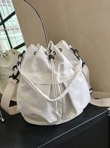 1pc Nylon Drawstring Design Women Shoulder Bag, Versatile For Daily Use, Sports Style, Foldable, Adjustable Strap, Multiple Pockets, Lightweight & Fashionable - White - View 5