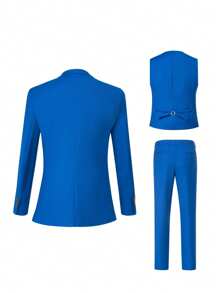 4Pcs Luxury Classic Mens Solid Dress Suit Set - Lapel Jacket, Vest, And Trousers, Regular Fit, Long Sleeve, Conventional Contour, Perfect For Wedding Banquet, Business Meetings - High-Quality Fabric, Comfortable Wear, And Stylish Design - 藍色 - 查看 2