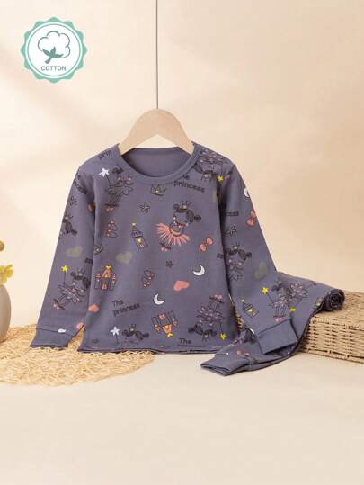 Girl's Cartoon Princess Print Grey Homewear Underwear Set, Pajamas Suit For Spring Autumn