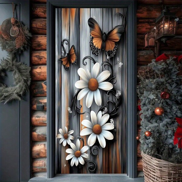 1 pezzo Magnifico pannello per porta con girasole e farfalla, tenda in poliestere per privacy, decorativa per interni/esterni, adatta per porta d'ingresso, camera da letto, cucina, veranda, bandiera per feste, senza bisogno di elettricità