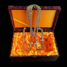 Juego de collar, pulsera, colgante de cruz y anillo con incrustaciones de cristal tipo cubana, diseño clásico de broche de barba chapado en oro, incrustación de strass de 13 mm, estilo de moda callejera de hip-hop, disponible en colores oro y platino, múltiples tallas