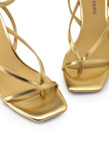 Women Kitten Heel Thong Sandals, Fashion Square Toe Ankle Strap High Heeled Sandals For Wedding Party Casual Wearing - 金色 - 查看 8