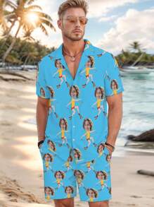 Conjunto de pijama personalizado para hombres, nueva temporada de primavera, con camisa de cuello de botón y pantalón corto, juego de ropa de dormir con estampado personalizado, cómodo y casual, 2 piezas, ropa de estar en casa