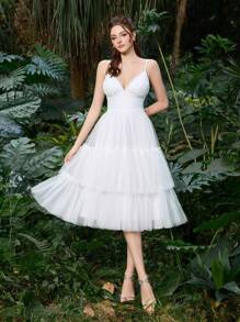 Elasola Polyester Tulle Spaghetti Strap Ruched Bust&Ruffle Trim Layered Tulle Dress Formal Wear For Weddings, Lightweight & Airy Design With Fashion Credentials Summer Dresses Spring Clothes