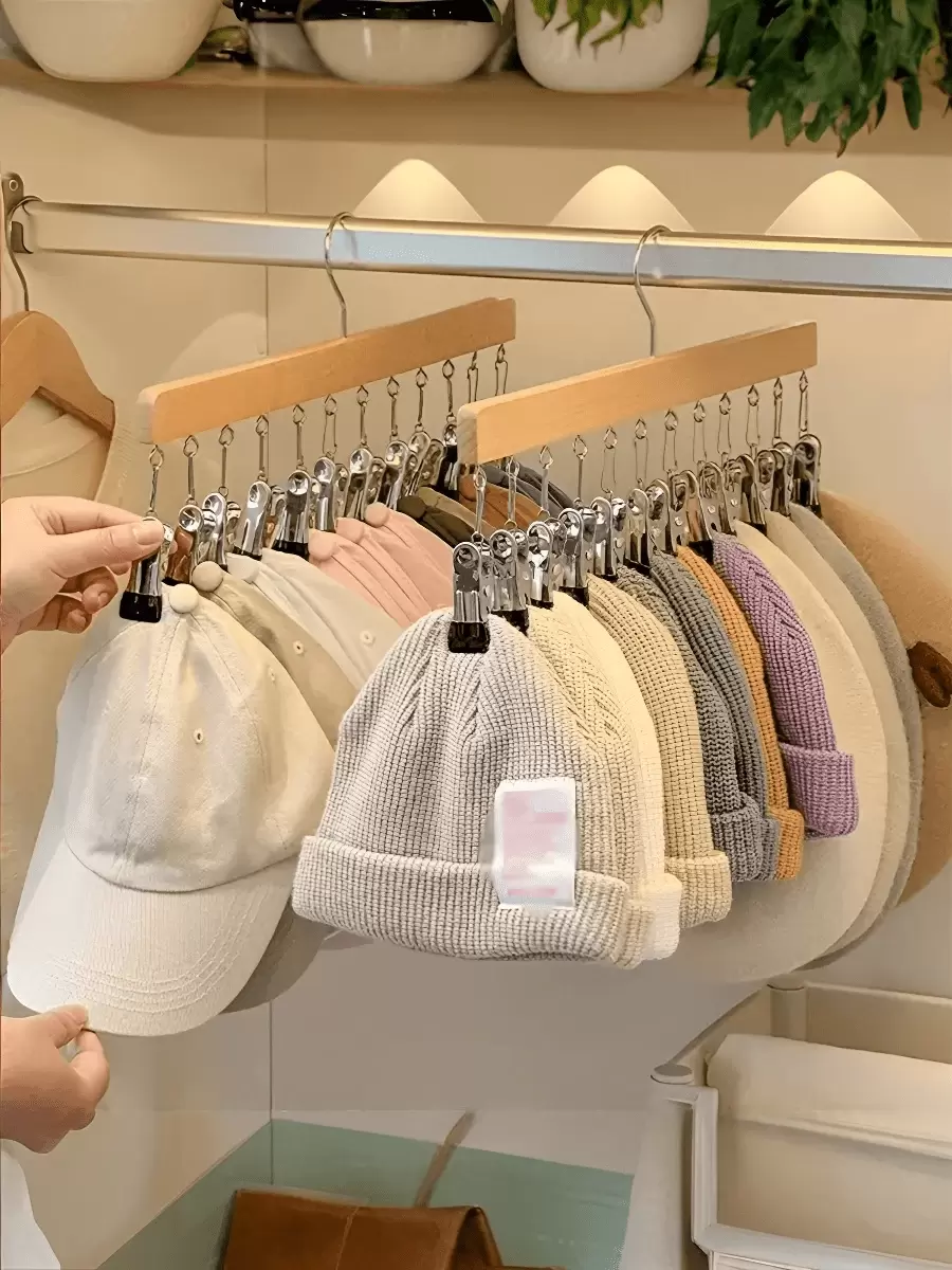 1pc 12 Clips Wooden Hat Hanger, Clothes Drying Rack For Underwear, Ties, Camisoles, Scarves, Belts, Household Storage Organizer For Bathroom, Bedroom, Closet, Wardrobe, Home, Dorm,Spring,Minimalist,Summer Tops