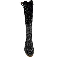 ARiderGirl Shine Women's Western Cowboy Knee High Booties Rhinestone Embellished Almond Toe Side Zipper Stacked Heel Boots - Suede Black Silver - 查看 4