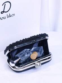 Elegant Pearl Flower Evening Clutch Bag, High-End Engagement Party Handbag, Refined Qipao Formal Dress Purse - Black - View 7