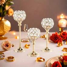3-Pieces Elegant Crystal Candle Holders - Versatile, Silver CenterpiecePolished Finish For Wedding Decor, Table Centerpieces & Home Ambiance Gifts Birthday Graduation