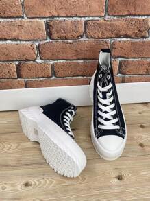 Botte haute pour femme, en canevas, à lacets, confortable, style Bamba, canevas classique, sportive - Noir - Voir 3