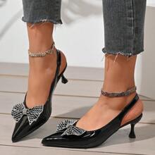 Zapatos de tacón alto con lazo en la parte posterior para mujer, zapatos de salón de punta puntiaguda de unicolor y de fácil puesta, sandalias versátiles para vestir