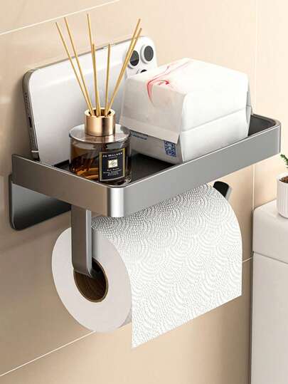 1pc Sleek Carbon Steel Toilet Paper Holder With Shelf - Wall-Mounted, Large Capacity, Self-Adhesive, Waterproof Bathroom Organizer For Tissue, Towels & Accessories - Modern Design For Home & Kitchen, Multifunctional Holder Modern Minimalist Durable Metal, Towel Holder For Bathroom