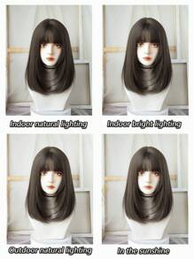 Peruca com franja, cabelo liso, 18 polegadas, marrom natural, para mulheres