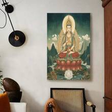 Framed  Manjushri Bodhisattva Canvas Painting In En Frame - Serene For Lotus Meditation Art, Ideal For Home And Office Wall Decor, Perfect Fest Gift, Zen Home Decor