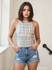 Women's Tie Strap Tank Tops Solid Plaid Pattern Side Ties Sleeveless Spaghetti Straps Camisole for Summer - Caqui - Ver 3