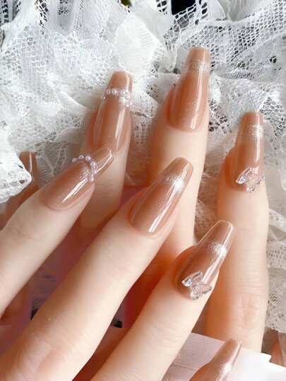 10PCS Crystal Butterfly Cat's Eye Phototherapy Hand-Worn French Cat's Eye Faux Pearls Press On Nails
