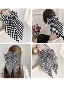 4PCS Big Checkered Bow Hair Clips Small Checkered Large Bow Hair Clips Black White Checkered Pattern Hair Bows For Women Girls Ponytail Long Tail Big Hair Bows Accessories