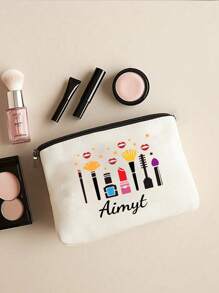 Personalized Fashion Polyester Makeup Bag With Beauty Tool Patterns & Custom Name - Machine Washable, Zipper Closure, Lightweight, Fade Resistant, Foldable Cosmetic Pouch For Valentine's Day ,Best Friend Gift - Beige - View 3