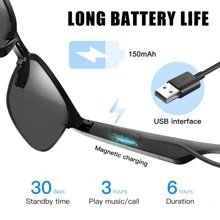 EIGIIS 1pc Smart Glasses, Wireless 5.0 Built-In Mic & Speakers, Support Outdoor Sports, Music Control, Wireless Answer/Making Calls, Long Battery Life, Rechargeable Lithium Battery-Polymer, USB Charging