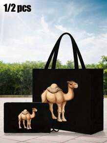 卡其色亚麻手提包，包括一个黑色卡通奶牛图案手提包和一个小包/零钱包，牦牛，鲜花，母亲节礼物，个性化礼品包装，黄色亚麻黑色手提包配黑色带扣，小包和大包组合，适合婚礼、生日、海滩、节日，是送给女性、母亲、老师、朋友、伴娘、大包、学生和返校的完美礼物