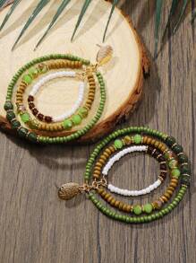 BOCAR 1 Pair Bohemian Olive Green Crystal & Wooden Bead Mixed 3-Layer Hoop Earrings, Suitable For Women Everyday Wear