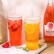 1pc Milk Tea/Cold Drink Glass Cup With Straws, Minimalist Vertical Stripe Water Cup, High-End Appearance Coffee Cup Suitable For Restaurant, Bar, Home, Holiday Party, Glass Jar, Transparent Pearl Milk Tea Cup, Fruit Juice Beer Cup, Milk Mocha Cup, Breakfast Cup
