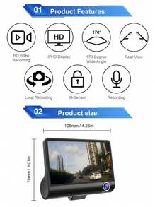 Cámara de salpicadero para automóvil con pantalla de 4 pulgadas, grabador de video Full HD de 3 canales para la parte delantera, cabina y trasera, con visión nocturna, WDR, sensor G, detección de movimiento, incluye cámara de visión trasera de respaldo - Negro - Ver 2