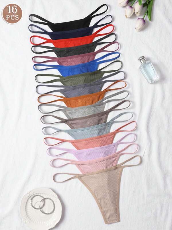 Paquete de 16 bragas tipo tanga sin costuras con acanalado multicolor para mujer