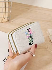 Stylish Crocodile & Stone Texture Women's Compact Card Holder With Multi-Functional Card Storage, Double Zipper Coin Compartment, And ID Window - Customizable A-Z Letter Print With Green Leaves And Pink Flowers Pattern