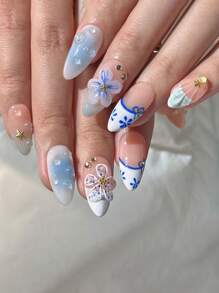 10 piezas de uñas de forma de almendra francesa presionadas a mano, con estilo de mundo submarino: flores de concha, flores pintadas a mano en azul, gotas de agua 3D, diamantes en forma de estrella de mar, hechas a mano, removibles y reutilizables, adecuadas para niñas y mujeres para uso diario, festivales, bodas, decoraciones de uñas para fiestas, con pegamento de gelatina y lima de uñas