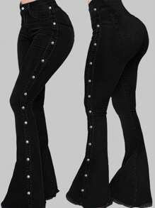 Women's Side Button Decor Casual Skinny Flare Jeans - Black - View 5