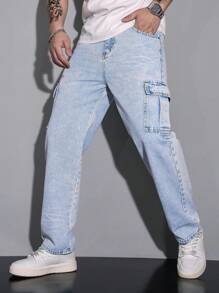 Men's Fashionable Street-Style Light Blue Loose Fit Cargo Jeans - Medium Wash - View 3