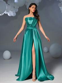Faeriesty Strapless Satin Gown With Ruched Front & Tie-Up Back Detail High-Slit, Modern Luxury Formal Maxi Dress For Galas &Parties, Summer Spring Dress, Party Dress, Wedding Guest Dress, Evening Dress - Green - View 3