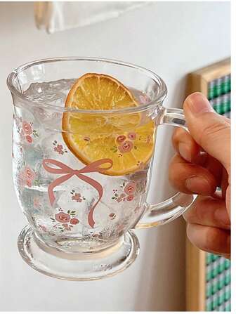 1pc Cute Butterfly & Ditsy Floral Glass Cup, High Quality Transparent Drinking Water, Milk, Coffee Cup For Home Use
