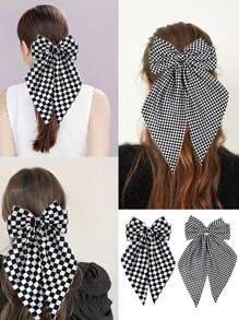 4PCS Big Checkered Bow Hair Clips Small Checkered Large Bow Hair Clips Black White Checkered Pattern Hair Bows For Women Girls Ponytail Long Tail Big Hair Bows Accessories