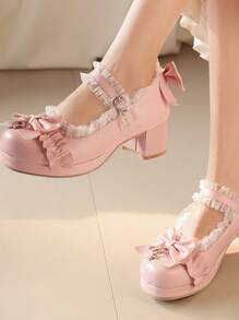 Sweet & Cute Fashion Bowknot Lace Trim Five-Pointed Star Decor Crisscross Strap Platform Heels, Adorable Doll Shoes, Elegant Wedding Formal Heels, Fashionable Ballet Style Heels, Versatile Ballroom Heels, Cute Solid Color Mary Janes Heels, All-Season Formal Dress Heels, Comfortable & Breathable High Heels