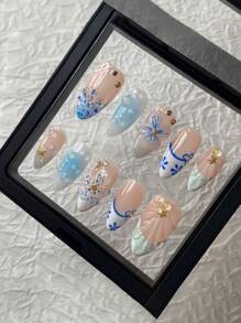 10 piezas de uñas de forma de almendra francesa presionadas a mano, con estilo de mundo submarino: flores de concha, flores pintadas a mano en azul, gotas de agua 3D, diamantes en forma de estrella de mar, hechas a mano, removibles y reutilizables, adecuadas para niñas y mujeres para uso diario, festivales, bodas, decoraciones de uñas para fiestas, con pegamento de gelatina y lima de uñas