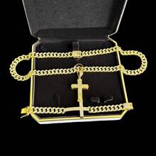 Juego de collar, pulsera, colgante de cruz y anillo con incrustaciones de cristal tipo cubana, diseño clásico de broche de barba chapado en oro, incrustación de strass de 13 mm, estilo de moda callejera de hip-hop, disponible en colores oro y platino, múltiples tallas