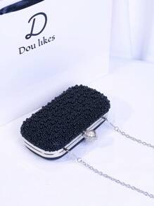 Elegant Pearl Flower Evening Clutch Bag, High-End Engagement Party Handbag, Refined Qipao Formal Dress Purse - Black - View 2