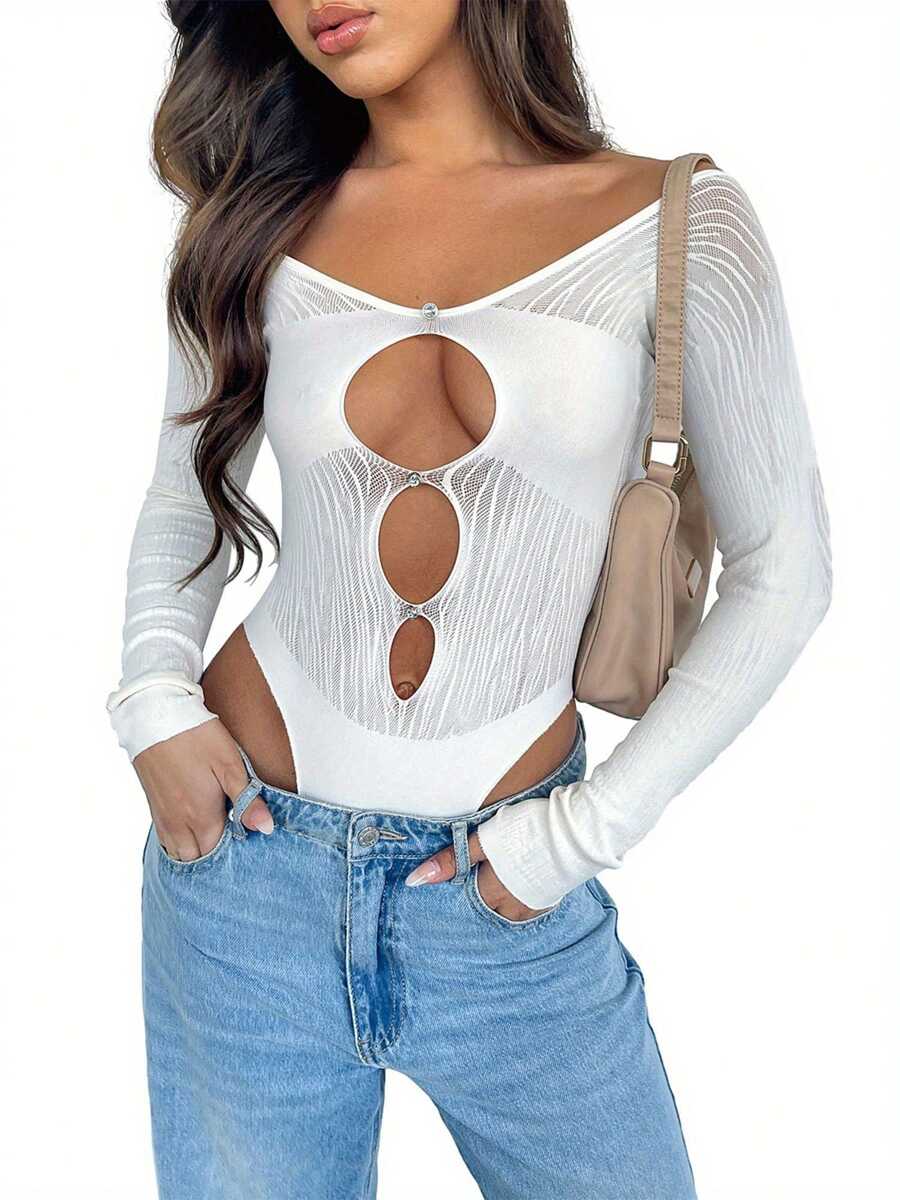 SEBOWEL Women's Studded Mock Neck Mesh Bodysuit - See-Through Sleeveless Top, Black, XL