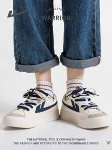 WARRIOR 1 Pair Women's Casual Lace-Up Canvas Shoes, Thick Sole Increased Height, Small White Shoes, Personalized Versatile Lightweight Non-Slip Low-Top Casual Outdoor Commuting Shoes - Blue - View 6