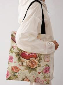 花朵图案双面印花单肩手提包印花手提包休闲旅行沙滩包大容量可重复使用单肩购物袋女士休闲单肩包手提包大容量帆布沙滩包手提包购物袋印花女士杂货单肩包 - 彩色 - 查看 2