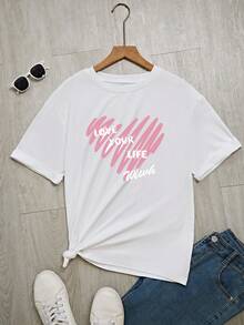 Femmes Printemps et Été Décontracté Motif de Lettre d'Amour Ample T-Shirt Col Rond Manches Courtes - Blanc - Voir 2