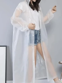 [Waterproof Rain Jacket] 1pc Ladies Waterproof EVA Rain Jacket, Stylish Breathable Hooded Button Rain Coat - Windproof, Full Coverage, With Hood And Drawstring, Reusable Thick EVA Waterproof Poncho, Suitable For Hiking, Outdoor Adventure, Cycling, Travel, Outdoor Activities And Daily Use, Portable Adult Women Rain Coat, Female Outdoor Gear, Trekking Rainwear | Long Sleeve Rain Jacket | Glossy Surface