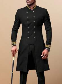 2 Peças/Conjunto Blazer Longo Preto Dashiki de Peito Duplo com Calça, Bordado Dourado, Manga Longa, Colarinho Reto, Calça de Cintura Elástica, Roupa Africana, Conjunto de Camisa e Calça Casual Masculina, Novidade para Todas as Estações, Adequado para Festas, Banquetes, Casamentos, Eventos Culturais, Cerimônias Tradicionais