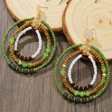 BOCAR 1 Pair Bohemian Olive Green Crystal & Wooden Bead Mixed 3-Layer Hoop Earrings, Suitable For Women Everyday Wear