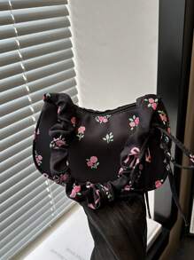 1 pieza Bolso de hombro de estilo casual y fashionable con cierre de cremallera, estampado floral en nailon negro, adecuado para uso diario de mujeres - Negro - Ver 5