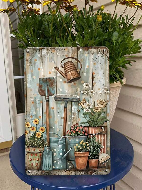 1pc 8x12" Vintage Gardening Tools & Potted Plants Metal Tin Sign, Hanging Wall Poster, Wall Art Decor For Home, Bar, Cafe, Garage, Garden, Porch, Farm , Perfect For Garden Decor, Pre-Drilled, Waterproof, Weatherproof