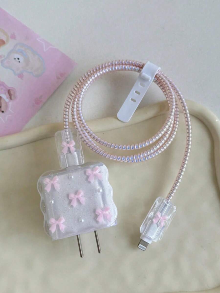 5pcs Light Pink Bow & White Pearl Design Charger Protector Set, 20W/18W Charger, Cable Protector, Charging Head Cover, Compatible With Apple Charger